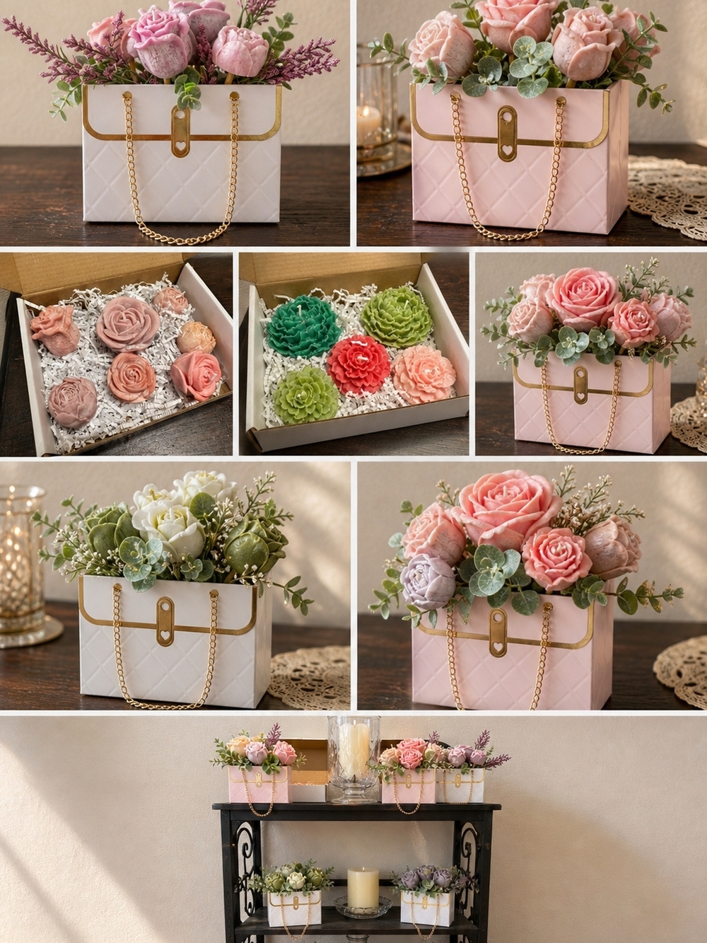 Elegant Pink & White Floral Candle Holder Set with Gold Chain Accent